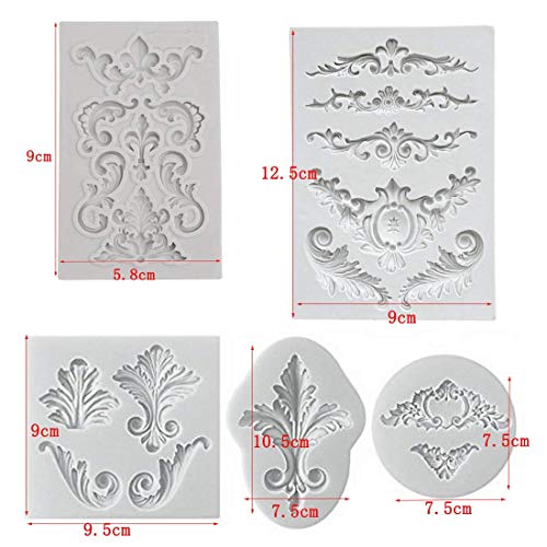 Relieve Barroco Vintage Silicona Molde Fondant Encaje Flor Frontera Decoración de la torta Decoración de la magdalena Pasta de hielo Molde para hornear Chocolate Sugarcraft DIY Paquete de 5 (Blanco)