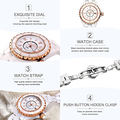 Reloj analógico de Cuarzo NAKZEN Rose Gold Ceramic para Mujeres con Movimiento japonés de Miyota Correa de cerámica 30B Impermeable