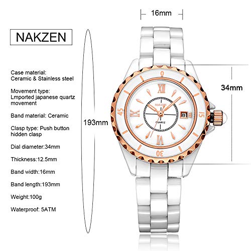 Reloj analógico de Cuarzo NAKZEN Rose Gold Ceramic para Mujeres con Movimiento japonés de Miyota Correa de cerámica 30B Impermeable