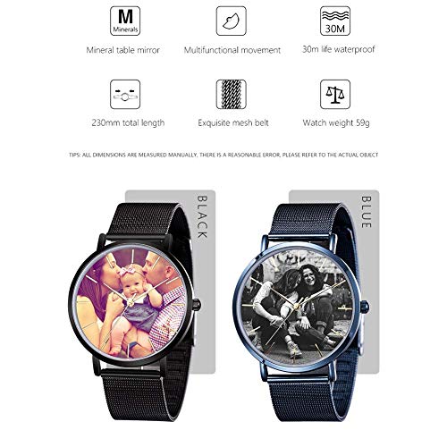 Reloj de Cuarzo con Foto Personalizado Reloj de Pulsera de Acero Inoxidable Personalizado para Hombres Hecho-Día del Padre Reloj Simple de Moda Regalo-Oro/Negro/Azul