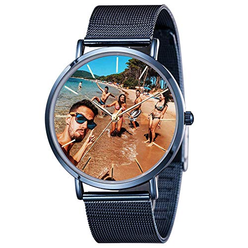 Reloj de Cuarzo con Foto Personalizado Reloj de Pulsera de Acero Inoxidable Personalizado para Hombres Hecho-Día del Padre Reloj Simple de Moda Regalo-Oro/Negro/Azul