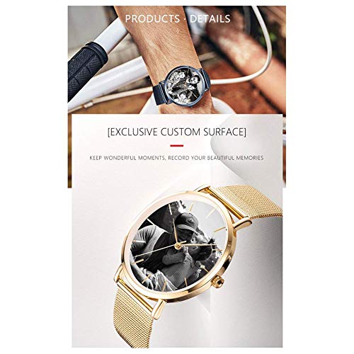 Reloj de Cuarzo con Foto Personalizado Reloj de Pulsera de Acero Inoxidable Personalizado para Hombres Hecho-Día del Padre Reloj Simple de Moda Regalo-Oro/Negro/Azul