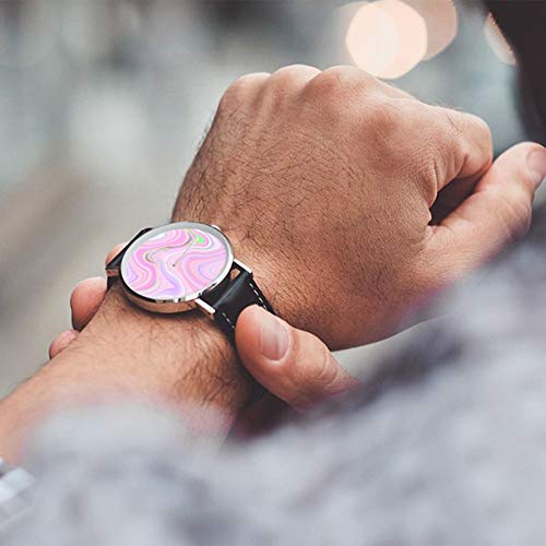 Reloj de pulsera de cuarzo, color rosa pastel y violeta de mármol de lava resistente al agua, correa de cuero de la PU reloj clásico casual de acero inoxidable de cuarzo