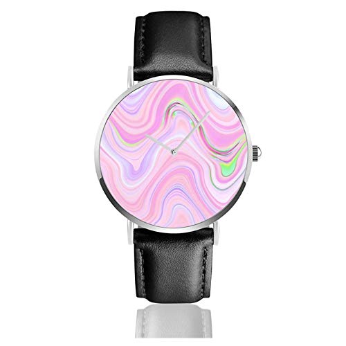 Reloj de pulsera de cuarzo, color rosa pastel y violeta de mármol de lava resistente al agua, correa de cuero de la PU reloj clásico casual de acero inoxidable de cuarzo