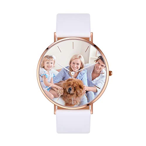 Reloj Personalizado Fotografía Lujoso Reloj Redondo Mecanismo de Cuarzo Japonés con Cristal Correa de Piel Blanco Bandeja Carcasa Acero Inoxidable Formal Mecánico Automático Rosado Oro Rosa