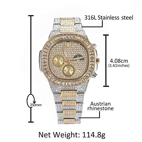 Relojes de 40 mm para Hombres Cronógrafo Reloj de Pulsera Resistente al Agua con Fecha de Fase Lunar de Cuarzo analógico, Relojes con Hielo Cristal Hip Hop Reloj con Esfera Cuadrada Enorme