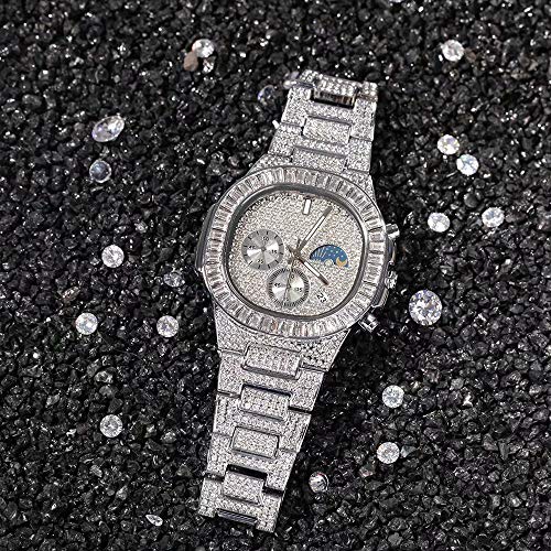 Relojes de 40 mm para Hombres Cronógrafo Reloj de Pulsera Resistente al Agua con Fecha de Fase Lunar de Cuarzo analógico, Relojes con Hielo Cristal Hip Hop Reloj con Esfera Cuadrada Enorme