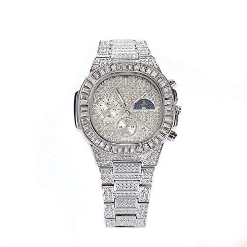 Relojes de 40 mm para Hombres Cronógrafo Reloj de Pulsera Resistente al Agua con Fecha de Fase Lunar de Cuarzo analógico, Relojes con Hielo Cristal Hip Hop Reloj con Esfera Cuadrada Enorme