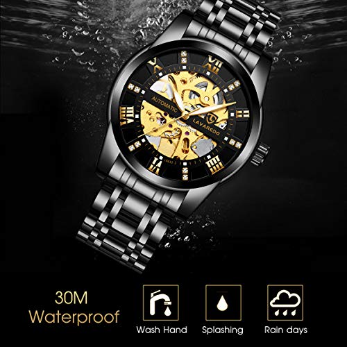 Relojes, Relojes Hombre Negro Mecánico Automático Esqueleto de Estilo Clásico Impermeable Reloj de Los Hombres con Correa de Acero Inoxidable