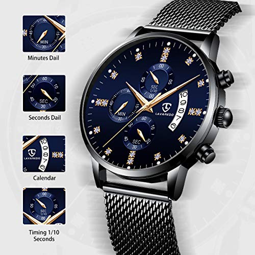 Reloj,Relojes Hombre Moda Negocios Cronógrafo Multifunción Calendario Impermeable Reloj de Cuarzo Analógico Correa de Malla Negro Azul