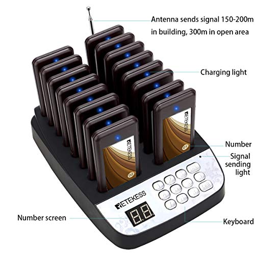 Retekess T113S Sistema de Llamadas Avisador des Clientes Restaurant Pager 16 Localizador y un Transmisor 999 Canal para Restaurante Comida Corte Fábrica Cafetería Iglesia