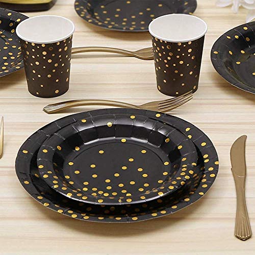 Ritte 70 Piezas Vajilla Fiesta Oro Negro, Vajilla Desechable Oro Negro, Vajilla Desechable Lunares Dorados para Fiestas, Bodas, Aniversarios, Cumpleaños (10 Invitados)