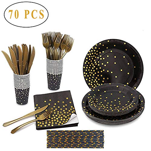 Ritte 70 Piezas Vajilla Fiesta Oro Negro, Vajilla Desechable Oro Negro, Vajilla Desechable Lunares Dorados para Fiestas, Bodas, Aniversarios, Cumpleaños (10 Invitados)