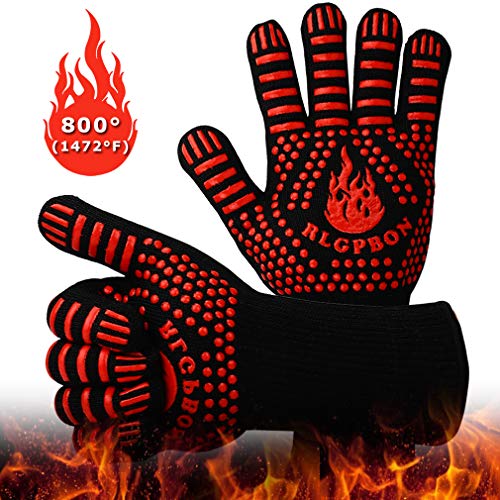 RLGPBON Guantes de Barbacoa, Resistentes Al Calor Extremo hasta 800°C, Guantes de Cocina, Guantes Horno, Oven Gloves para Microondas y Parrilla, Guantes para Cocinar Chimenea Hornear Asar 33cm (1 Par)