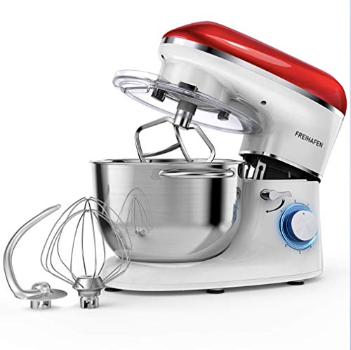 Robot de cocina, amasadora (1400 W, con bol de acero inoxidable de 5,5 L, amasador, batidor,varillas y protección para salpicaduras, 6 velocidades, silencioso) rojo/blanco