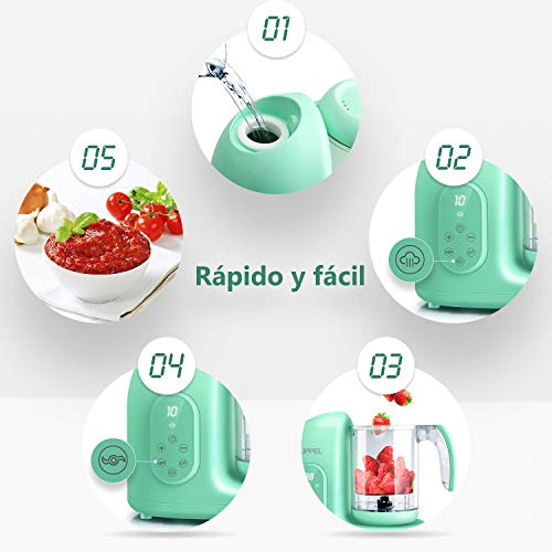 Robot de Cocina, UPPEL Licuadora Bebé Trituradora de Alimentos para Bebé Potencia de 300W / 65W Vapor Alta Temperatura Combinación de Múltiples Funciones para el Bebé（Verde)