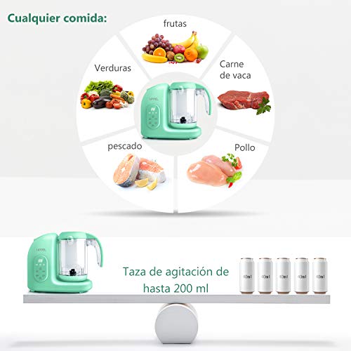 Robot de Cocina, UPPEL Licuadora Bebé Trituradora de Alimentos para Bebé Potencia de 300W / 65W Vapor Alta Temperatura Combinación de Múltiples Funciones para el Bebé（Verde)