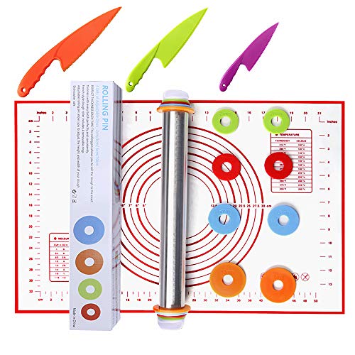 Rodillo Cocina Acero Inoxidable,Rollos De Silicona Para Amasar Con Discos Ajustables y Marcas De Medición,Tapetes Para Hornear De Silicona y Cuchillas Para Carne,Rollos De Pizza,Masa y Galletas