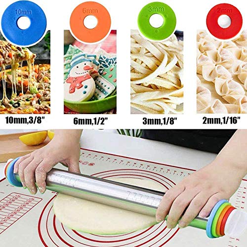 Rodillos Ajustables de Acero Inoxidable con 4 Anillos de Espesor Ajustable Extraíbles, Rodillo de Masa con Tapete para Pasta de Hornear, Pizza, Pastel, Pasteles, Pasta y Galletas (Rolling Pin + Mat)