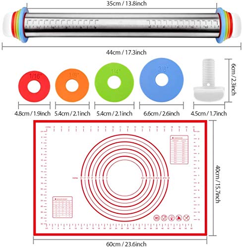 Rodillos Ajustables de Acero Inoxidable con 4 Anillos de Espesor Ajustable Extraíbles, Rodillo de Masa con Tapete para Pasta de Hornear, Pizza, Pastel, Pasteles, Pasta y Galletas (Rolling Pin + Mat)