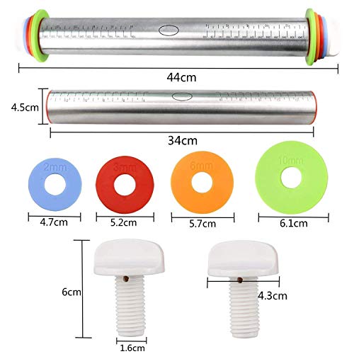 Rodillos de Amasar con Discos Ajustables y Marcado de Medición + Tapete de Silicona para Amasar(40 * 60cm), Rolling Mat para Pastelería Rolling Baking Dough Pizza Pastel Cookies