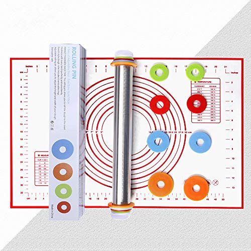 Rodillos de Amasar con Discos Ajustables y Marcado de Medición + Tapete de Silicona para Amasar(40 * 60cm), Rolling Mat para Pastelería Rolling Baking Dough Pizza Pastel Cookies