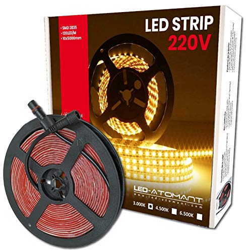 Rollo de 5 metros de Tira de Luz LED Directa a 220v con Conectores. Color Blanco Calido (3000K). Impermeable. Corte cada 10cm. A++