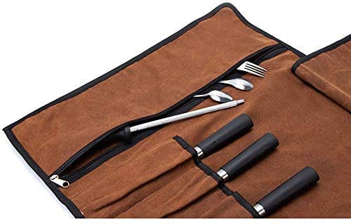 Rollo de Cuchillos del Chef, Bolsa de culinaria Enrollable de Lona Encerada de 5 Bolsillos, Estuche para Guardar Cubiertos, Funda de Cuchillos para cocinar, Camping HGJ601 (Brown)