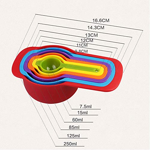 Romote Conjunto de 6 Medición de taza y cuchara Set - colores de plástico apilable para guardar herramientas de cocina para hornear