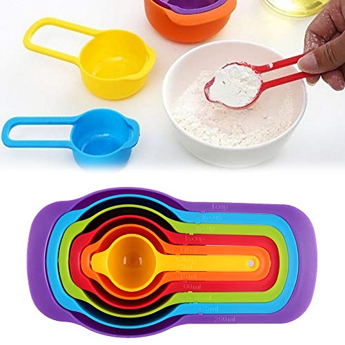 Romote Conjunto de 6 Medición de taza y cuchara Set - colores de plástico apilable para guardar herramientas de cocina para hornear