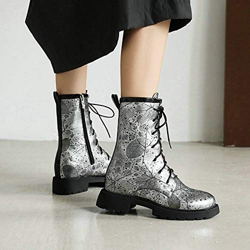 Rong-- Botas para mujer Martin Botas con forro de felpa y cremallera lateral con cordones de cuero para otoño e invierno, plata, 43