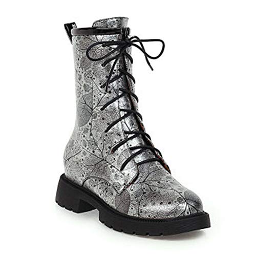 Rong-- Botas para mujer Martin Botas con forro de felpa y cremallera lateral con cordones de cuero para otoño e invierno, plata, 43