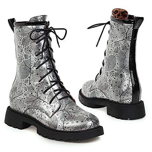 Rong-- Botas para mujer Martin Botas con forro de felpa y cremallera lateral con cordones de cuero para otoño e invierno, plata, 43