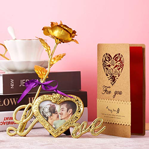 Rosa Artificial de Hoja de Oro con Base de Marco de Foto de Amor y Tarjeta de Felicitación, Flor de Plástico Regalo Romántico Rosa para Novia Esposa Encantadora Dama Amante en San Valentín (Oro)