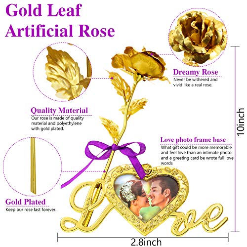 Rosa Artificial de Hoja de Oro con Base de Marco de Foto de Amor y Tarjeta de Felicitación, Flor de Plástico Regalo Romántico Rosa para Novia Esposa Encantadora Dama Amante en San Valentín (Oro)