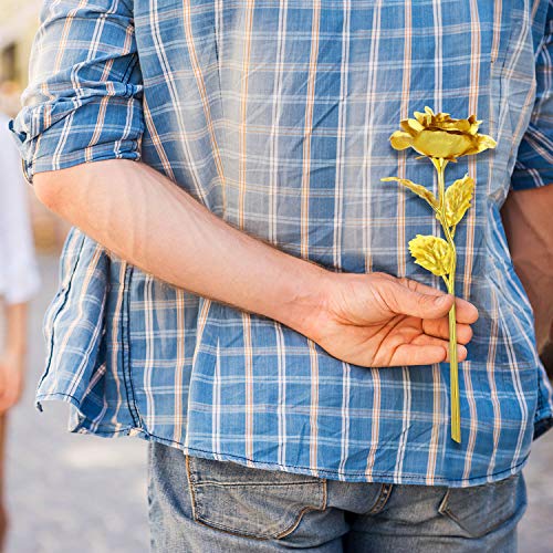 Rosa Artificial de Hoja de Oro con Base de Marco de Foto de Amor y Tarjeta de Felicitación, Flor de Plástico Regalo Romántico Rosa para Novia Esposa Encantadora Dama Amante en San Valentín (Oro)