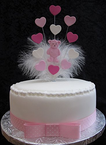 Rosa Teddy decoración para tarta con corazones y plumas de marabú Ideal para un bebé, bautizo, cumpleaños etc ideal para un 20 cm para tartas Plus 1 x M 25 mm color rosa lunares Grosgrain cinta con lazo