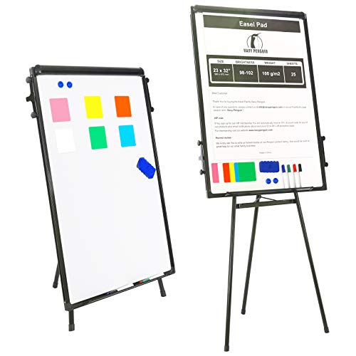 Rotafolios/ Flipchart Set - 100x70cm Grande Pizarra Blanca Magnetica con Caballete de Tripode + 1 Borrador Magnetico, 4 Rotuladores, 2 Imanes y 1 Paquete de Papel de 25 Unidades de 58x81cm