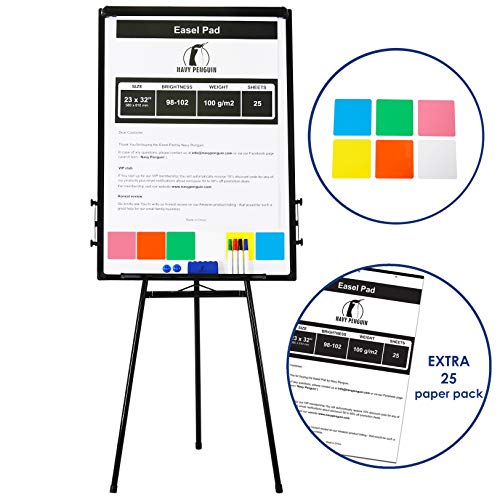 Rotafolios/ Flipchart Set - 100x70cm Grande Pizarra Blanca Magnetica con Caballete de Tripode + 1 Borrador Magnetico, 4 Rotuladores, 2 Imanes y 1 Paquete de Papel de 25 Unidades de 58x81cm