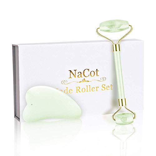 Rouleau De Jade, Jade Roller Visage Rouleau Pierre De Jade Pour Anti-âge, Soulager Les Cernes & Peau Serrage Set Rouleau de Massage de pour Visage, Cou, Jambe Rouleau De Jade Gua Sha for Face(Vert)