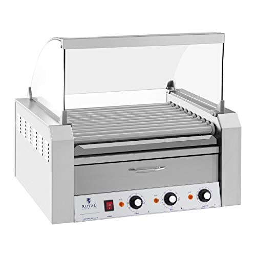 Royal Catering Máquina Asador de Perritos Calientes RCHG-11WO (11 Rodillos, 20 Salchichas, 2600 W, 230 V, Cajón Calentador para panecillos, 2 Zonas calefactoras Independientes, Acero INOX)