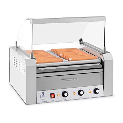 Royal Catering Máquina Asador de Perritos Calientes RCHG-11WO (11 Rodillos, 20 Salchichas, 2600 W, 230 V, Cajón Calentador para panecillos, 2 Zonas calefactoras Independientes, Acero INOX)