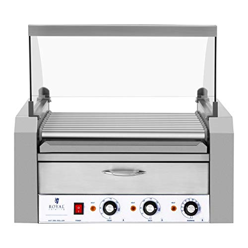 Royal Catering Máquina Asador de Perritos Calientes RCHG-11WO (11 Rodillos, 20 Salchichas, 2600 W, 230 V, Cajón Calentador para panecillos, 2 Zonas calefactoras Independientes, Acero INOX)