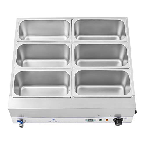 Royal Catering - RCBM-6WS-2000 - Baño maría - 2.000 W - 6 recipientes 1/3 GN - con Base y Grifo de Vaciado