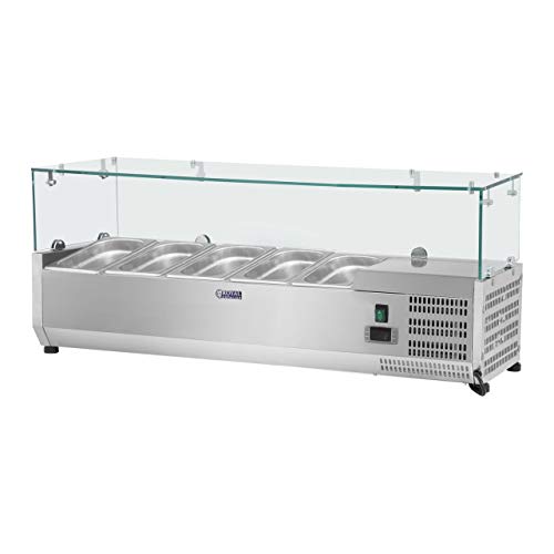 Royal Catering Vitrina refrigerada RCKV-120/33-5 (120 x 33 cm, 35 L, para 5 x GN 1/4, 2-10 °C, 110 W, R600a, Termostato, Cubierta de cristal, Función descongelado)