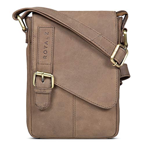 ROYALZ Bolso Bandolera Pequeño para Hombre Bolsa de Piel Auténtica Vintage Mensajero de Cuero, Color:Montana marrón