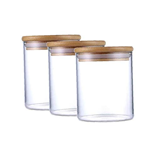 Rrunzfon 3pcs De Almacenamiento De Alimentos De Cristal Tarro De Almacenamiento Botellas Tarros con Tapa De Madera para Granos Frijoles Té Caramelo-500ml