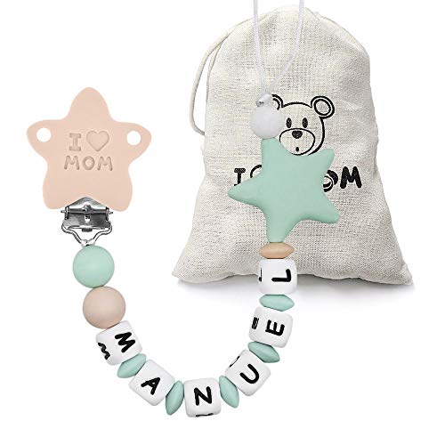 RUBY - Chupetero personalizado para bebe con nombre bola silicona antibacteria con pinza de acero inoxidable. Chuptero Estrella (Menta)