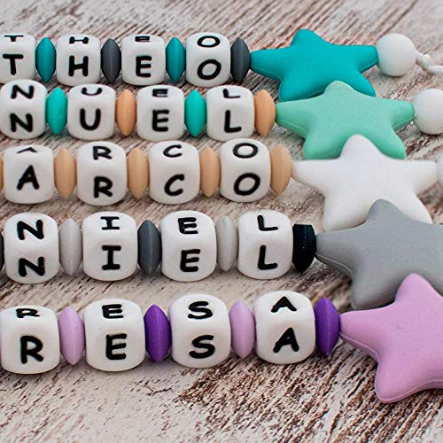 RUBY - Chupetero personalizado para bebe con nombre bola silicona antibacteria con pinza de acero inoxidable. Chuptero Estrella (Menta)