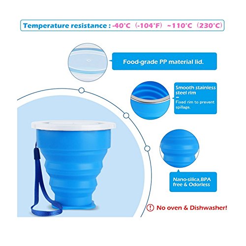 Ruesious 2 pcs Tazas de Viaje 200ml de Silicona Plegable Portátil y Reutilizable,Vaso Con Tapa sin BPA para camping senderismo y Viaje.(Azul y Rosa)